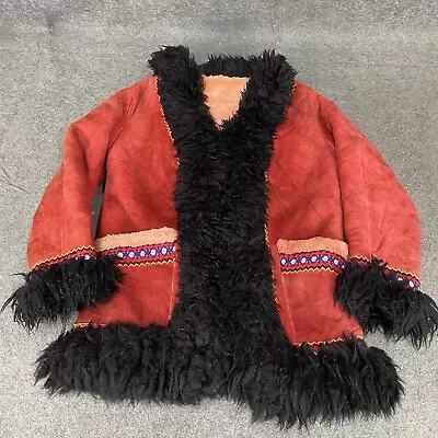 Buy VINTAGE Sheepskin Jacket Womens Small Red Coat Afghan Penny Lane Embroidered • 40£