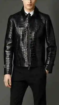 Buy Mens Black Crocodile Embossed Alligator Motorcycle Biker Real Leather Jacket • 23.43£