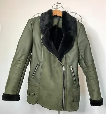 Buy Marks And Spencer Ladies Biker Jacket, Size 8, Khaki Faux Suede And Faux Leather • 24£