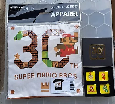 Buy Nintendo Super Mario Bros 30th Anniversary Short Sleeve T-Shirt & Pin Badges • 19.99£