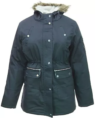 Buy Size 20 Hooded Blue Coat Warm Quilt Lined Body Faux Fur Trim Ladies Jacket  • 27.16£