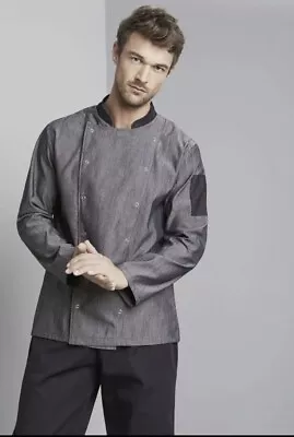 Buy Chefs Grey Black Denim Jacket Long Sleeve Stud Faste Breathable Cotton Size S 34 • 9.99£