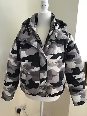 Buy River Island Jacket Black White Camouflage Women Girl Puffer Bomber Parka Hood S • 35£