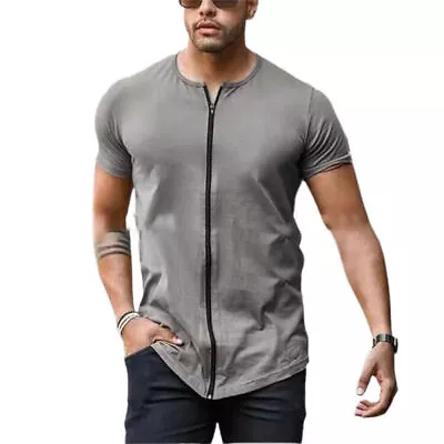 Buy Men's Solid Full Zipper Short Sleeve T-Shirt Casual Summer Gym Muscle Tee TopsЙ • 12.05£