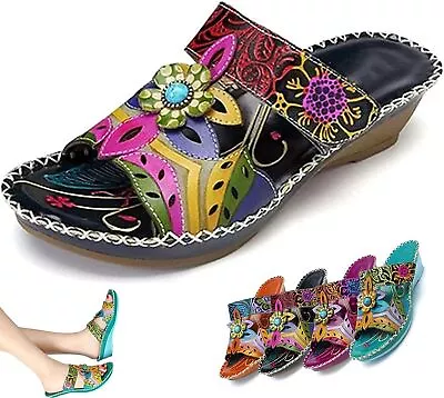 Buy Ethnic Cool Slippers Slope Heel Bohemian Fashion Slippers Anti-slip Sandals E • 17.99£