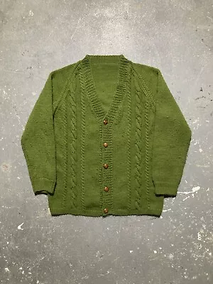 Buy Vintage 70s Green Cable Knit Cardigan Button Sweater Size XL • 43.78£