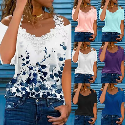 Buy Plus Size 6-20 Womens Lace T Shirt Tops Cold Shoulder Short Sleeve Floral Blouse • 2.49£