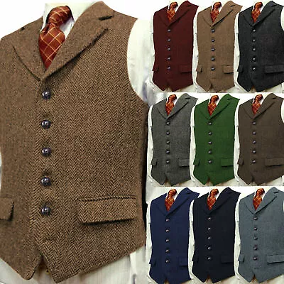 Buy Men Tweed Lapel Vest Casual Retro Herringbone Waistcoat Jacket Formal Sleeveless • 24.99£