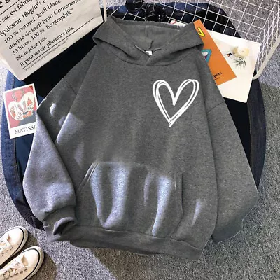Buy Womens Heart Print Hoodie Tops Ladies Casual Baggy Long Sleeve Hooded Sweatshirt • 14.99£