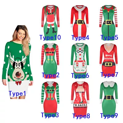 Buy Knitted Christmas Womens Ladies Elf Costume Xmas Jumper Dress Print Tight Sexy • 9.44£