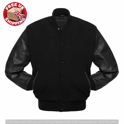 Buy Letterman Baseball Varsity Bomber Jacket In Black Color Wool & Leather Sleeves • 79.99£