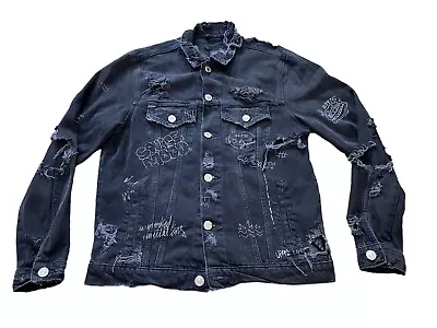 Buy ZARA Medium Men’s Graffiti Denim Jacket Washed Distressed • 19.99£