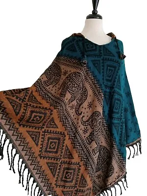 Buy Hooded Poncho Tribal Animal Print Wrap Cape Shawl Hoodie Jacket Teal One Size • 19.99£
