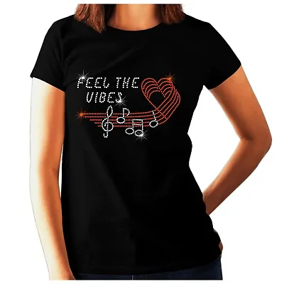 Buy Womens FEEL THE VIBES Rhinestone T Shirt Rock And Roll Music Crystal Design • 11.99£
