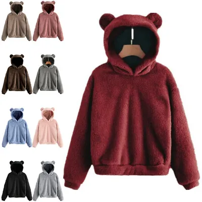 Buy Women's Long Sleeve Teddy Bear Ear Hooded Sweatshirts Ladies Fluffy Hoodies Tops • 17.27£