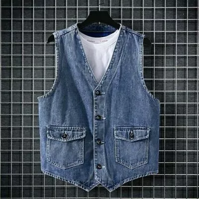 Buy Mens V Neck Denim Jacket Sleeveles Waistcoat Gilet Vest Pocket Casual Top Summer • 25.32£