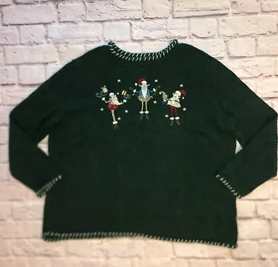 Buy CJ Banks Christmas Knit Sweater Size 3X Green Hand Embroidered 3 Santas • 18.04£