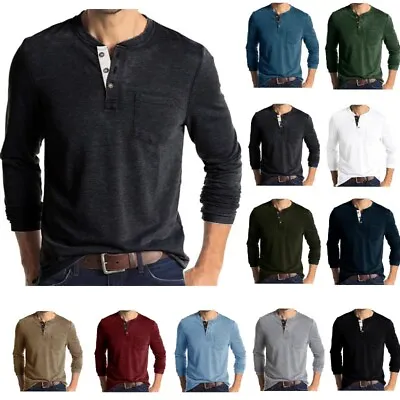 Buy Mens Casual Long Sleeve T-shirt Henley Grandad V Neck Button Solid Tee Shirt Top • 13.09£