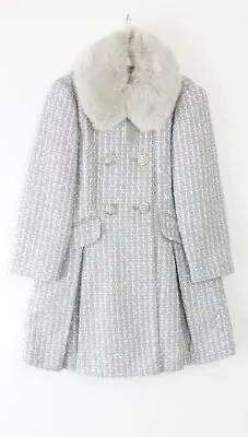 Buy Monsoon Girls Grey Tweed Faux Fur Collar Coat School Midi Jacket Age 3 - 13 Yrs • 38.99£