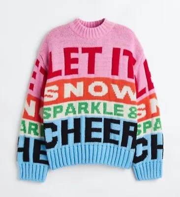 Buy NWT H&M Colorful Let It Snow Sparkle & Cheer Jacquard Knit Sweater Light Pink XS • 86.85£
