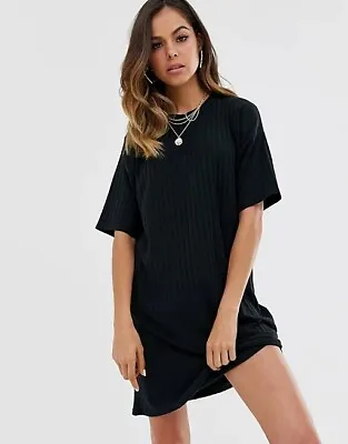 Buy New Look Black Ribbed Finish Relaxed Mini Dress T-Shirt  RRP £22 Size 6 Size 10 • 3£