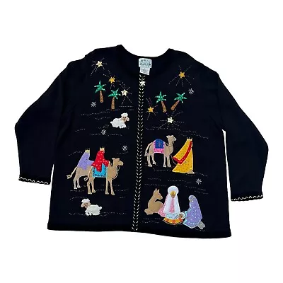 Buy Quaker Factory Black Nativity Christmas Mary Joseph Baby Jesus Sweater Vtg 2X  • 75.55£