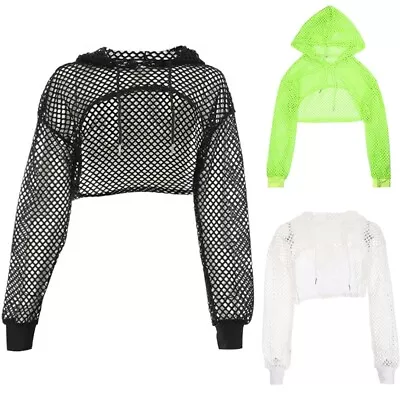 Buy Fashionable Womens Hoodie Shirts Mesh Top Fishnet Long Sleeve Sweatshirt • 18.90£