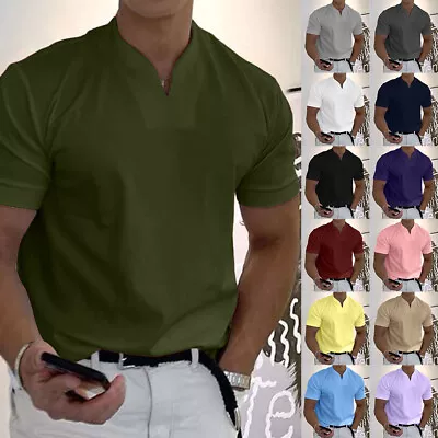 Buy Mens Solid Casual V Neck Short Sleeve T-shirts Slim Fit Muscle Blouse Tops OL UK • 9.69£