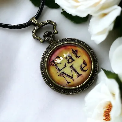 Buy Alice In Wonderland , Eat Me Quote , Filigree Cabochon, Antique Gold Necklace • 9.99£
