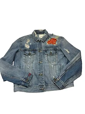 Buy AMERICAN EAGLE Small Denim Blue Destroyed Jean Jacket Embroidered Just For Fun • 23.40£