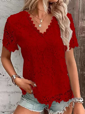 Buy Ladies Lace V Neck Blouse Shirts Short Sleeve Summer Tops Casual T-shirt Plus • 9.95£