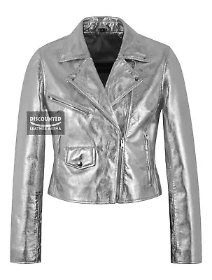 Buy Women's Brando Metallic Foil Silver Slim-fit Biker Leather Jacket Emma Watson • 99£