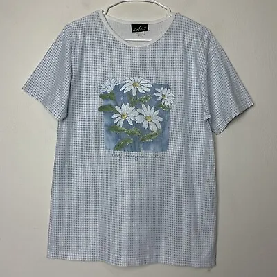 Buy Vintage CHIC T-shirt Womens MEDIUM 90s DAISIES Blue Gingham Print Made In USA • 15.44£