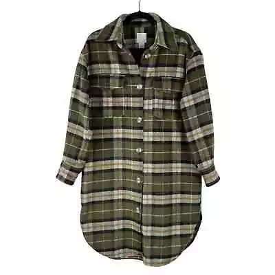 Buy H&M Long Shirt Jacket Shacket Coat Womens Small Green Plaid Wool Blend Casual • 37.69£