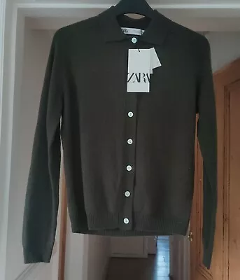 Buy ZARA 100% Wool Extra Soft Knit Cardigan Sweater With Collar S Dark Khaki Green • 49£
