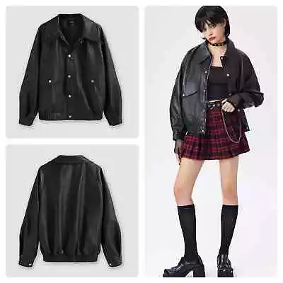 Buy Cider Leather Jacket Women 1XL Black Collared Button Up Bomber Oversized NEW • 34.58£