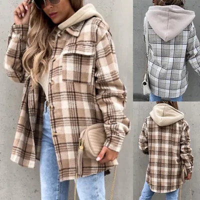 Buy Hoodies Coat Plaid Shacket Shirt Baggy Hooded Winter Fleece Women Casual Jacket • 23.85£
