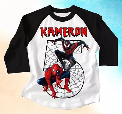 Buy Spiderman & Miles Morales Custom Birthday T Shirt Raglan Kids 6 Black Sleeve • 14.47£