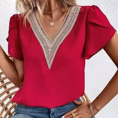 Buy Women Lace V-Neck Summer T-Shirt Short Sleeve Solid Tunic Tops Tees Holiday Work • 16.39£