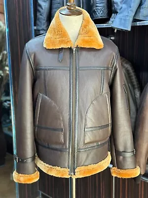 Buy Men's Real Leather Brown Handmade Fur Bomber Real Sheepskin Jacket • 94.99£