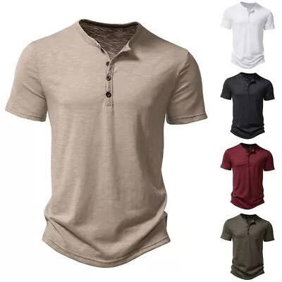 Buy Men T Shirts Short Sleeve Summer Tops Mens Daily Wear Casual Henley Neck Blouse • 13.19£