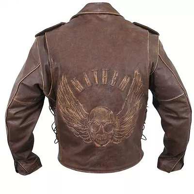 Buy Brown Distressed Leather Motorcycle Armoured Jacket With Embossed Flying Skull • 145£