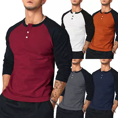 Buy Mens Long Sleeve Henley Raglan T Shirt Grandad Neck Contrast T-Shirt New Top • 17.26£