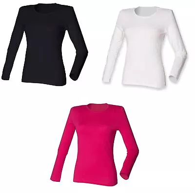 Buy Ladies Long Sleeve Stretch Cotton T-shirt Women's Crew Neck Top SK111 • 3.99£