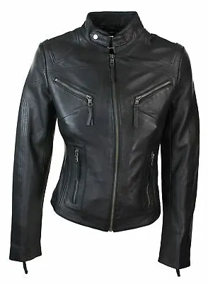 Buy Ladies Real Leather Black Biker Style Fashion Jacket Size UK 6-20 • 76.98£