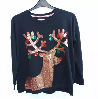 Buy Women's Papaya Black Reindeer Sequin Christmas Jumper Size M (Medium) 12 14 • 19£