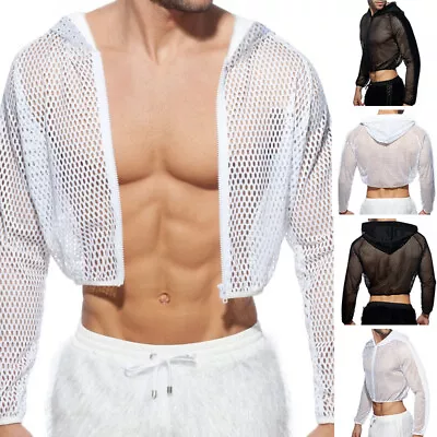 Buy Men Mesh Hooded Fishnet Crop Tops Coat Hoodies See Through Sheer Jacket T Shirts • 15.19£