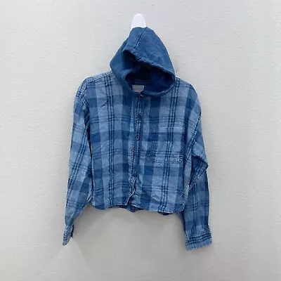 Buy American Eagle Blue Plaid Cropped Flannel Hooded Distressed Shirt Womens Large • 16.22£