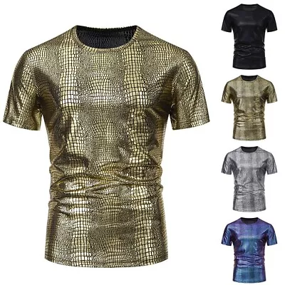 Buy Stylish Men's Shiny Tops Round Neck T Shirt Slim Fit Blouse Dancing Costume • 19.42£