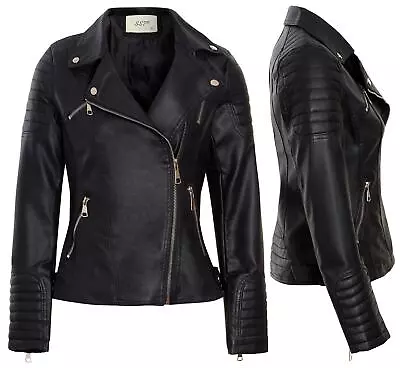 Buy Womens Faux Leather Quilt Biker Jacket Black PU Coat Size 8 10 12 14 6 New • 33.95£